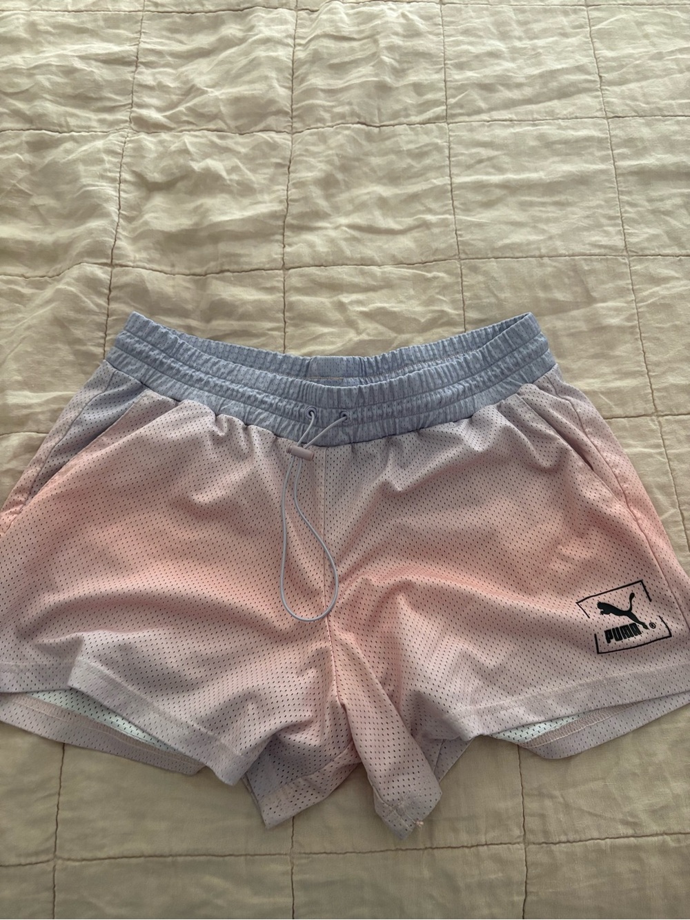 Puma Women’s Pink to Light Blue Ombre Mesh Athletic Shorts, Size L